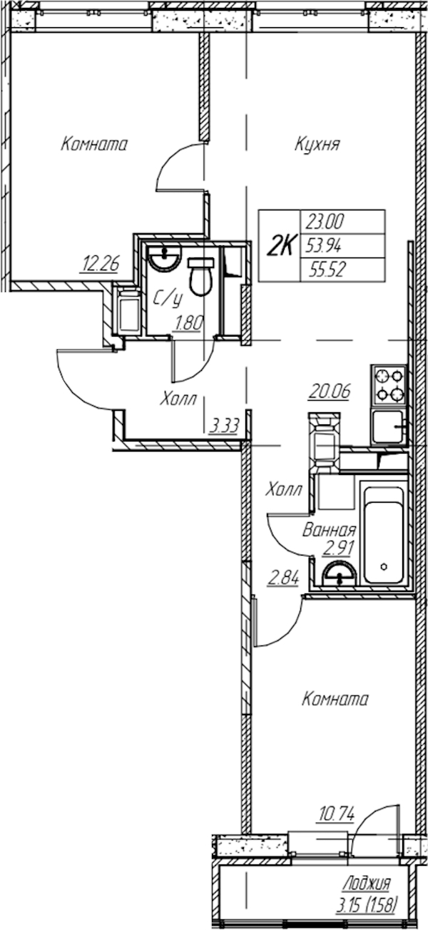 2-комнатная квартира 55.52 м², 20/22 эт., ЖК «Парк-квартал Юнтолово»